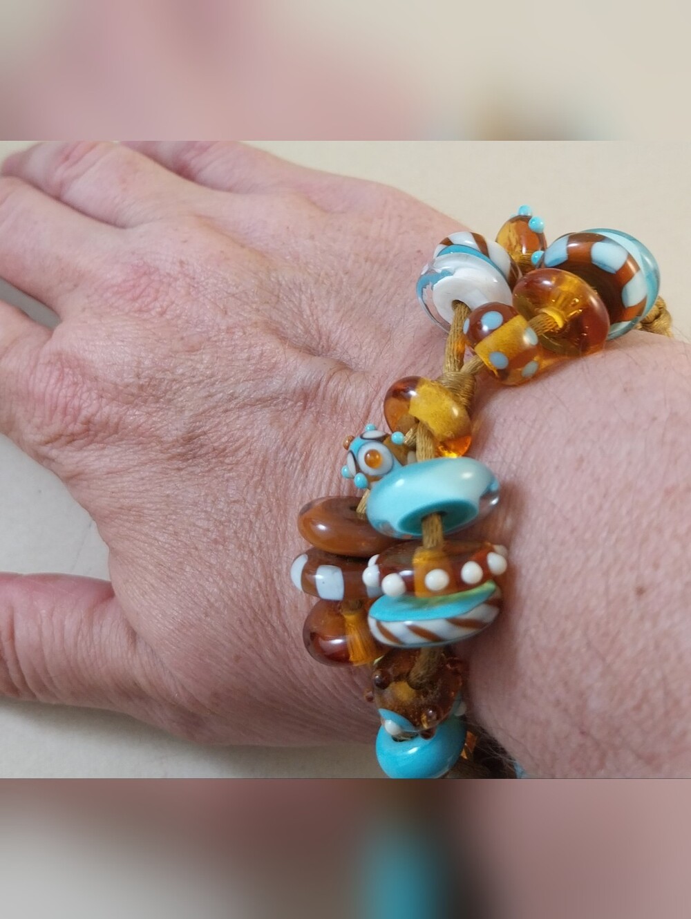 Vintage Lampwork Turquoise and Amber Glass Bead Bracelet